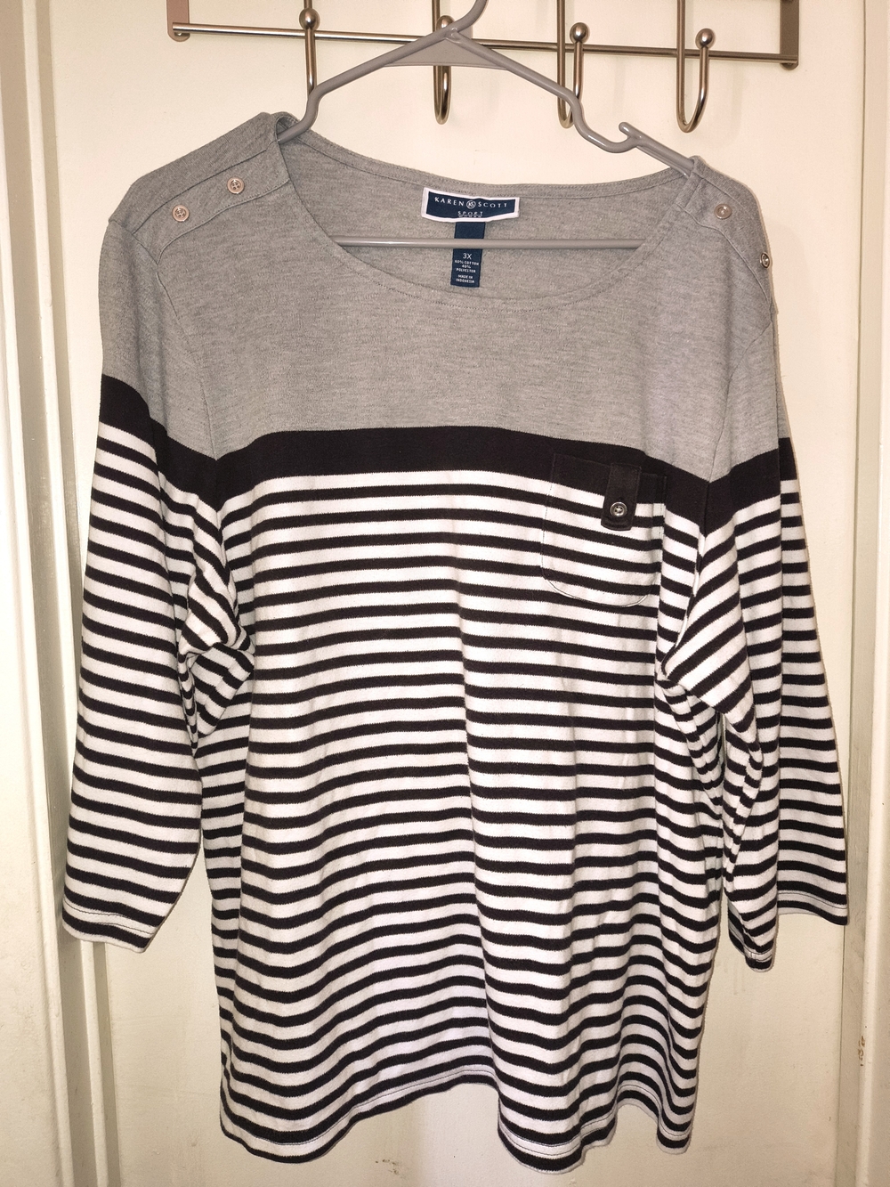Karen Scott Black, White & Gray Striped Long-Sleeve Top